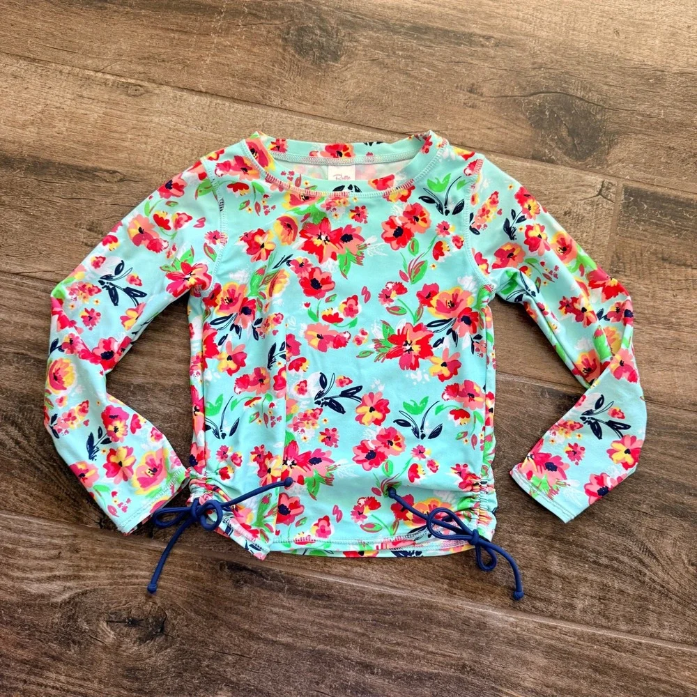 RuffleButts Kids Floral Long Sleeve Rash Guard Swim Top, Mint Green, 5